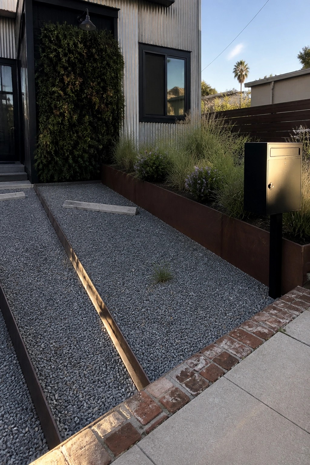 A narrow gravel path with metal edging runs beside raised steel garden beds toward a modern house with a black mailbox on a post.