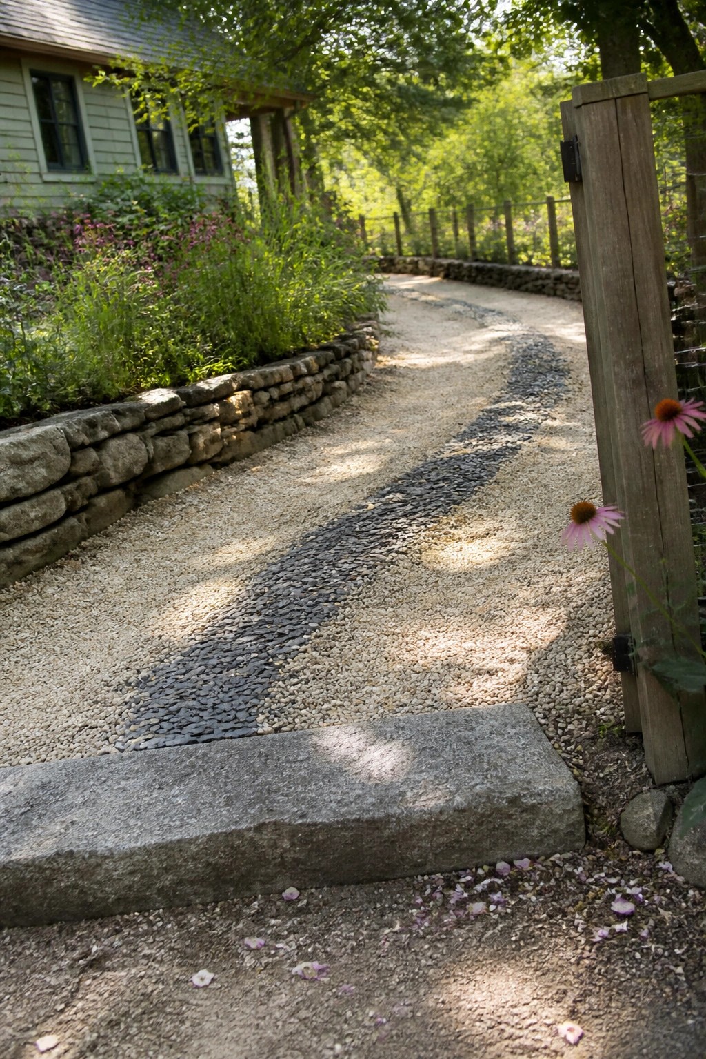 Gravel driveway with a dark central strip of smaller pebbles, low stone walls on the left, and a wooden gate on the right.