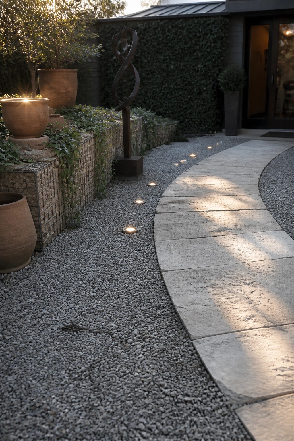 Curved stone pathway with lights, gravel, abstract sculpture and terracotta pots in garden