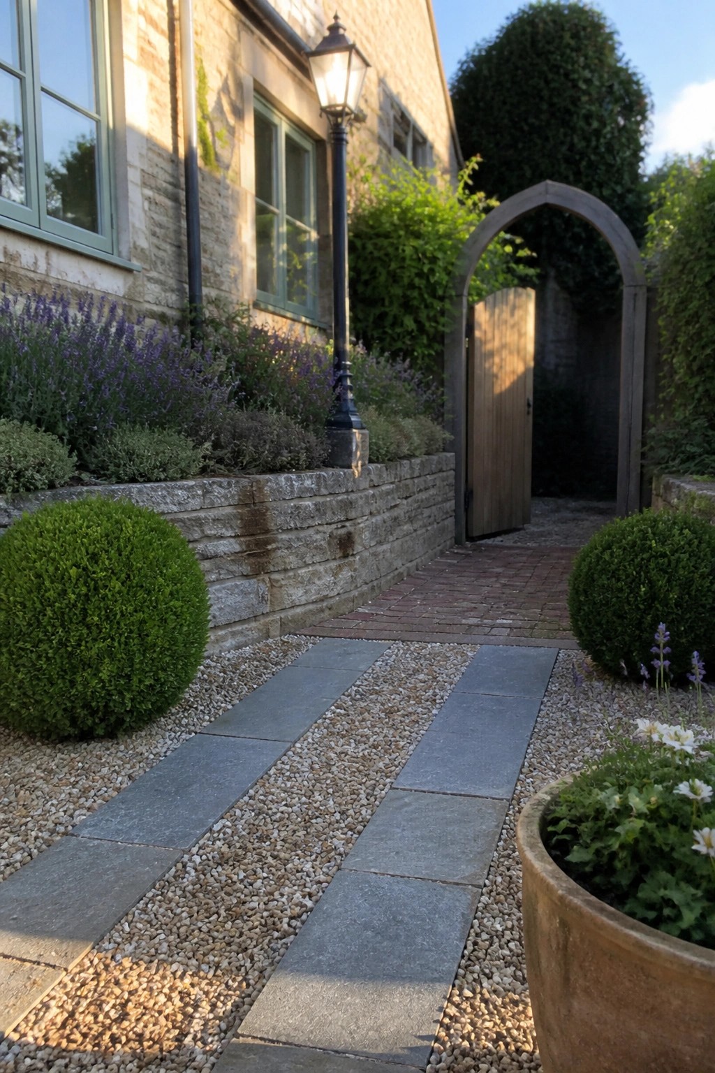 Stone slab path with gravel, round shrubs, lavender, lit lamppost, and arched wooden gate.