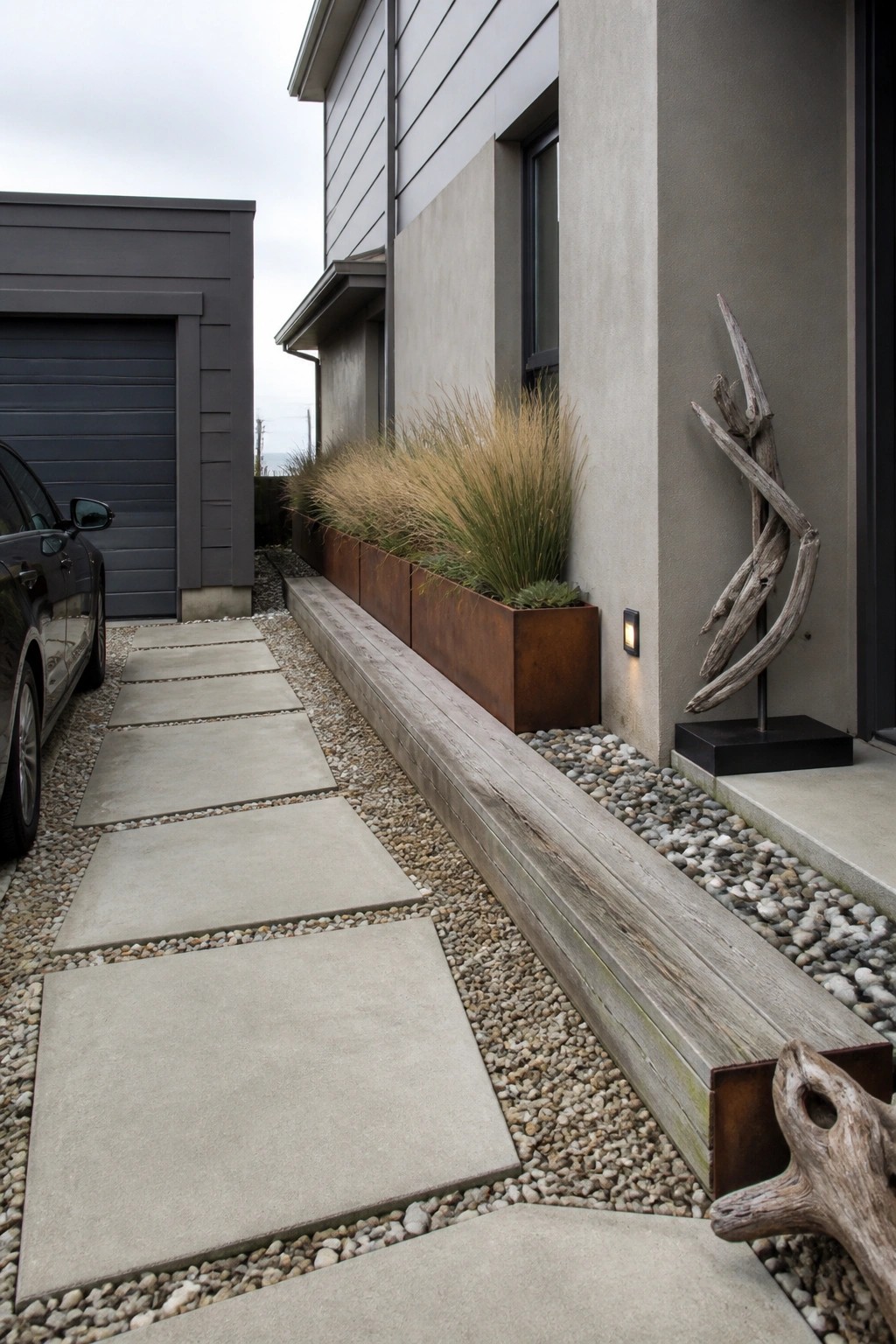 Concrete pavers on gravel path beside rusted planters, grasses, and driftwood sculpture at modern home.