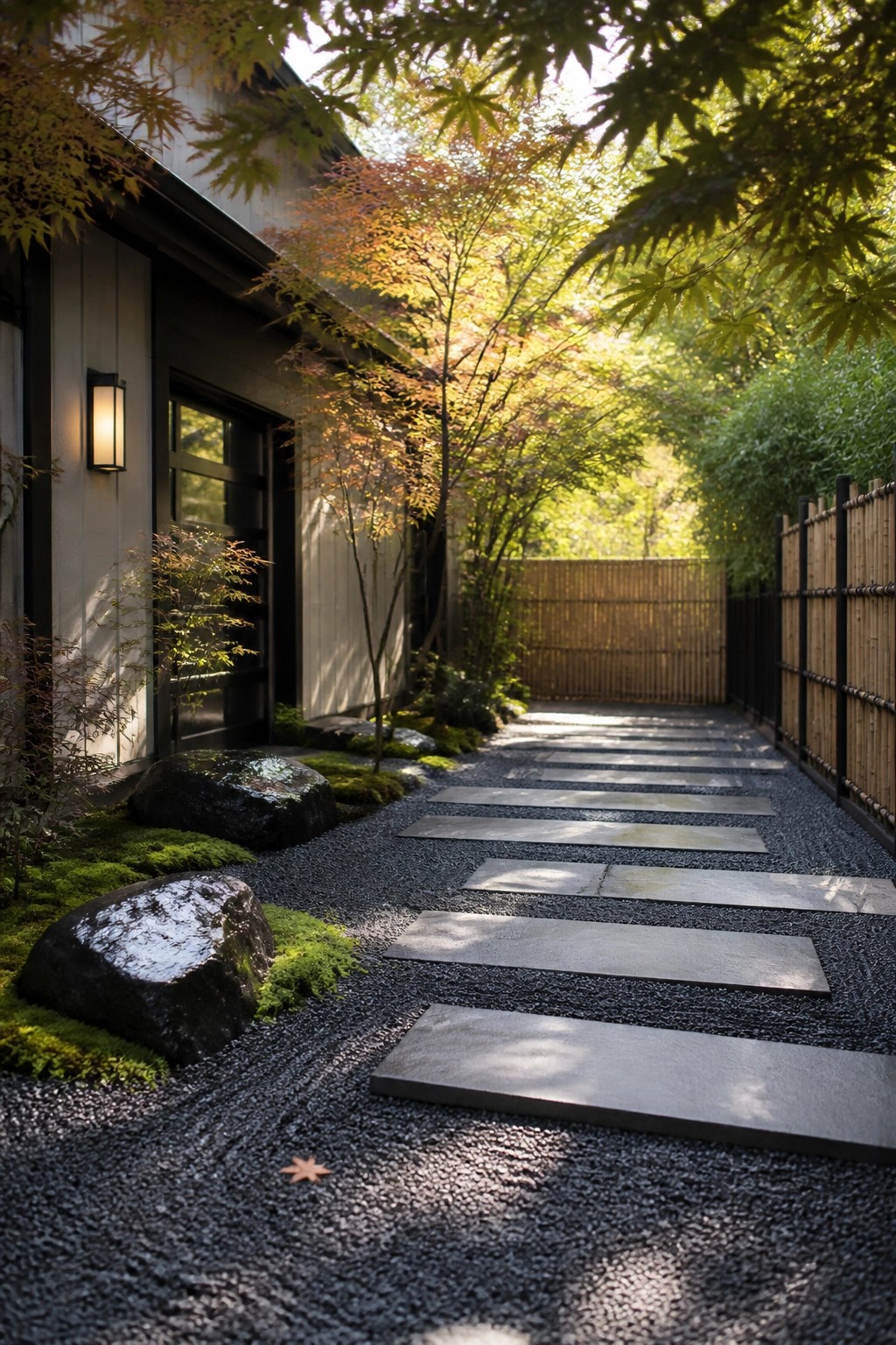 A narrow path of rectangular gray stepping stones set in dark gravel runs beside a house, with moss, rocks, and trees along the edges.
