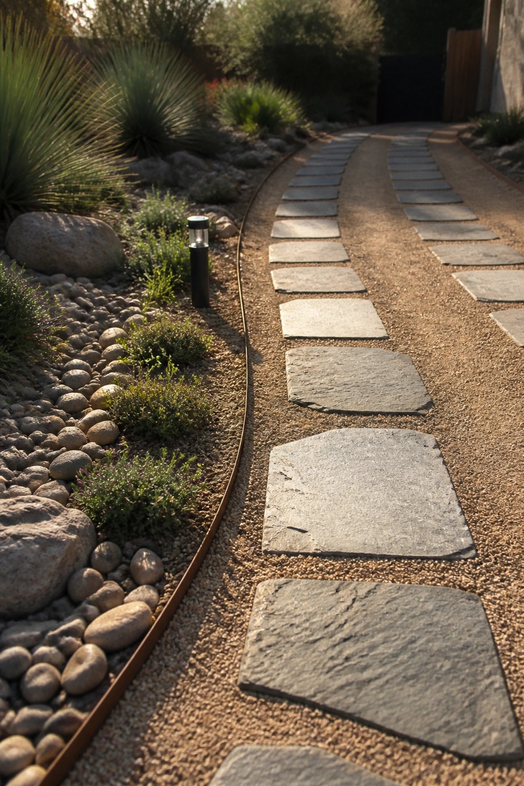 A gravel path with large irregular gray stepping stones curving through a landscaped garden area with rocks, plants, and metal edging.