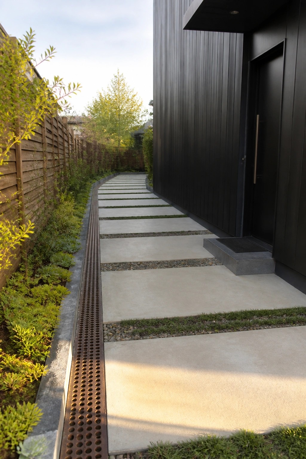 A narrow walkway of concrete pavers separated by gravel strips with a metal linear drain runs beside a black modern house and a wooden fence lined with plants.