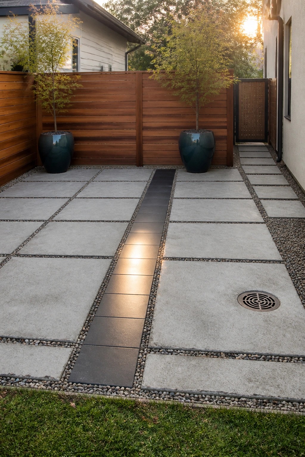 A paved outdoor area with large gray concrete tiles, a central linear black drainage strip, gravel borders, and two dark green planters against a wooden fence.