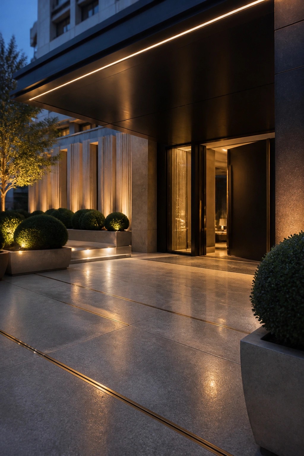 Modern luxury entrance at dusk with open doors, stone floors, and illuminated planters