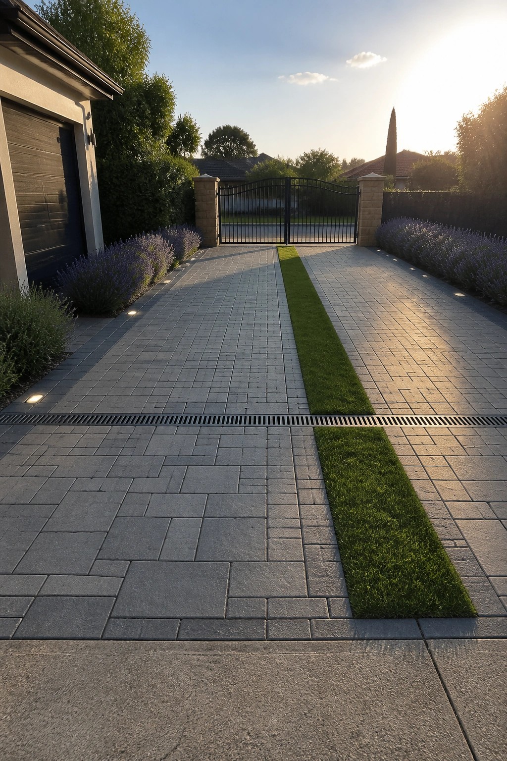 A long driveway made of gray interlocking pavers with a central grass strip leads to a black metal gate between stone pillars, with low lavender bushes on both sides.