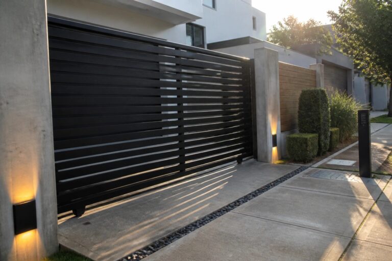 20 Durable Steel Main Gate Designs Built for Long Lasting Style A black steel gate with horizontal slats is set between concrete pillars at the front of a modern house.