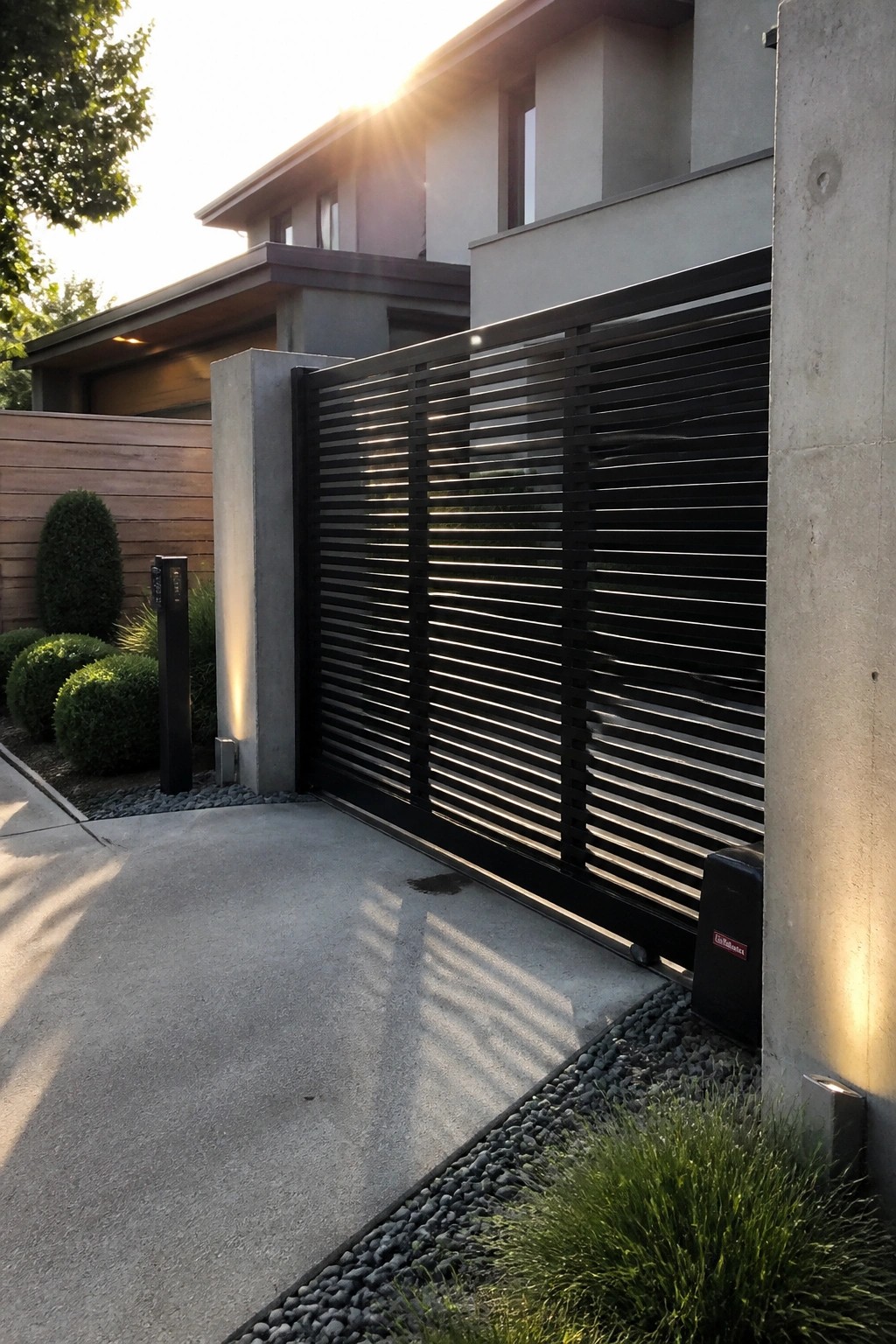 A black steel gate with horizontal slats is set between concrete pillars at the front of a modern house.