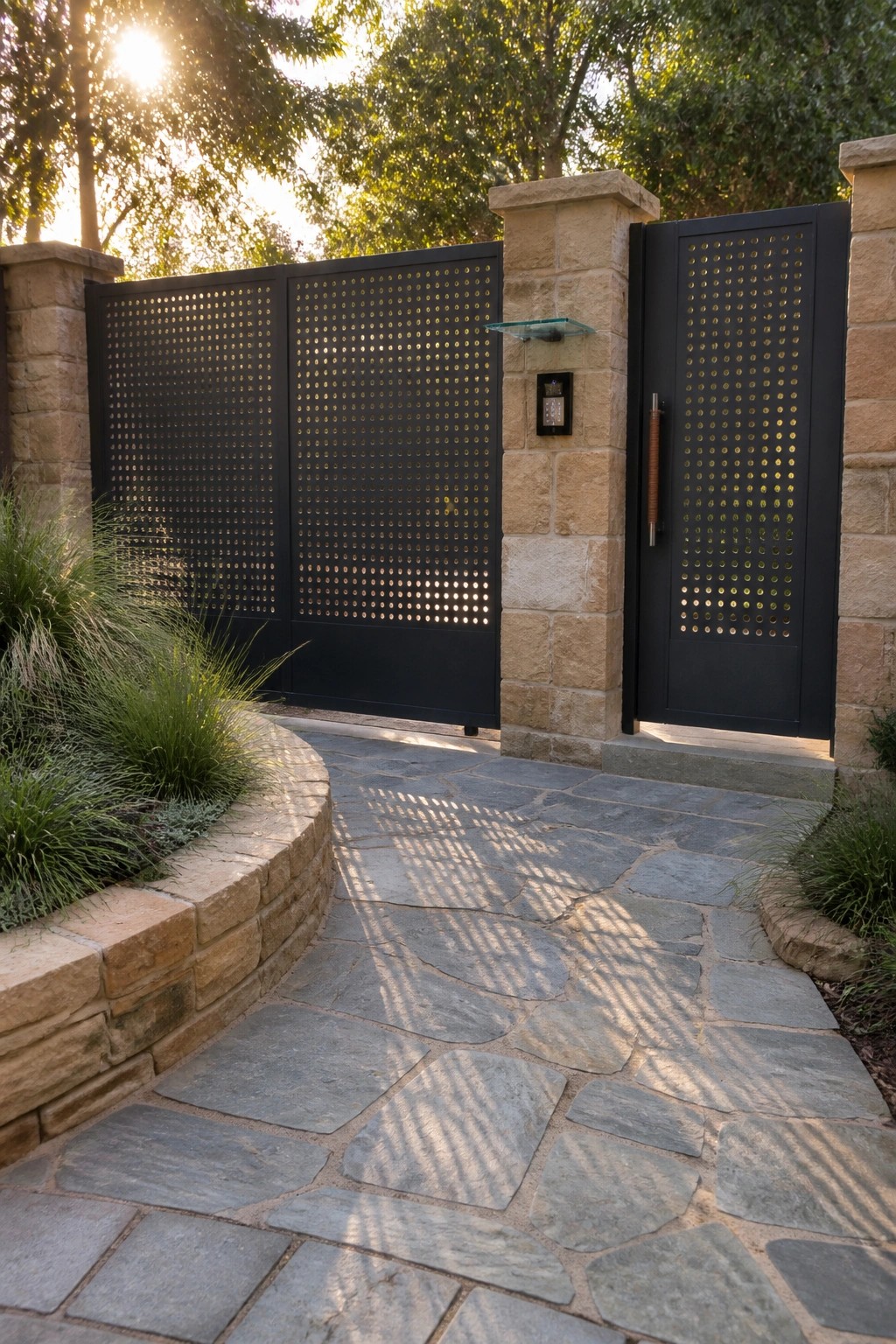 A black steel gate with circular perforations set between stone pillars, with a stone pathway in front.