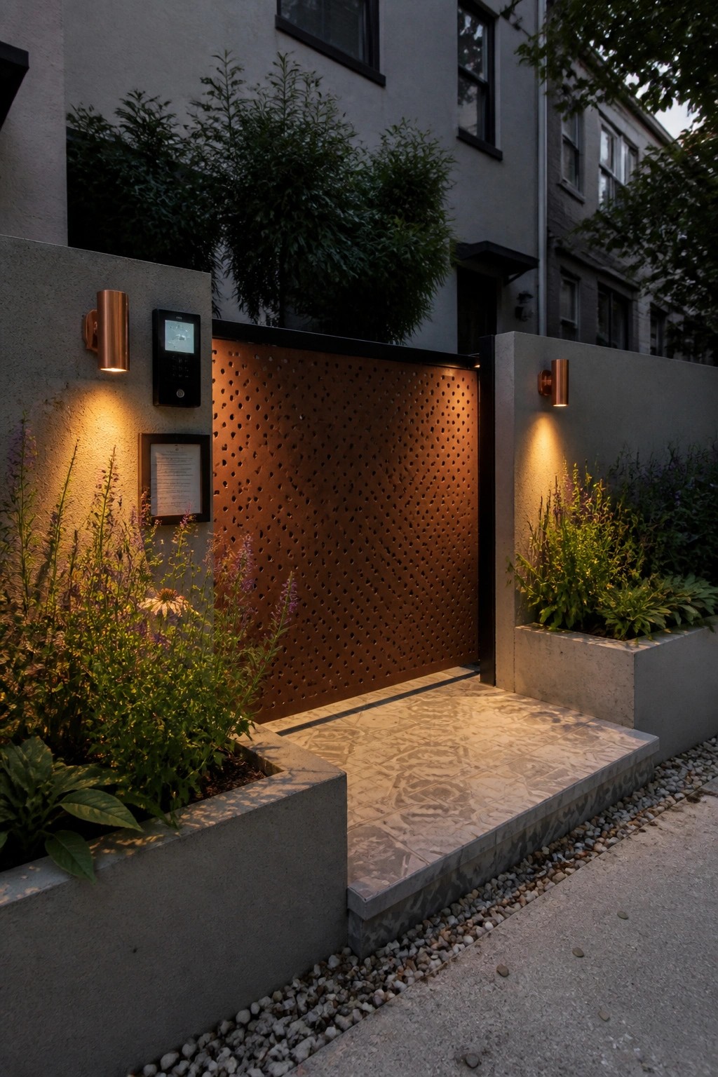 A perforated steel gate stands between concrete walls at a home entrance, lit by wall sconces with planters on either side.