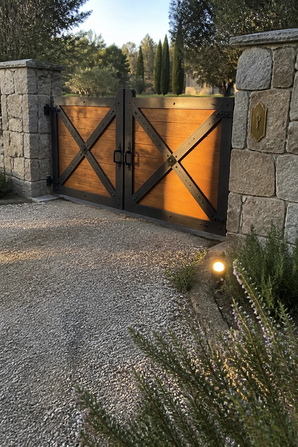 A double wooden driveway gate with black steel X-bracing and frames set between stone pillars on a gravel surface.