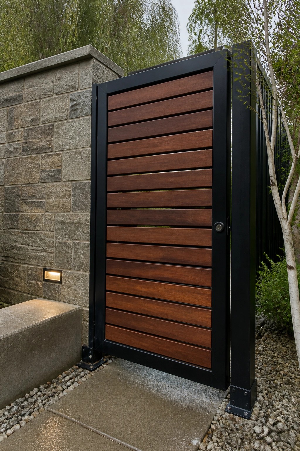 A black steel framed gate with horizontal brown slats stands beside a stone wall on a gravel and concrete surface.