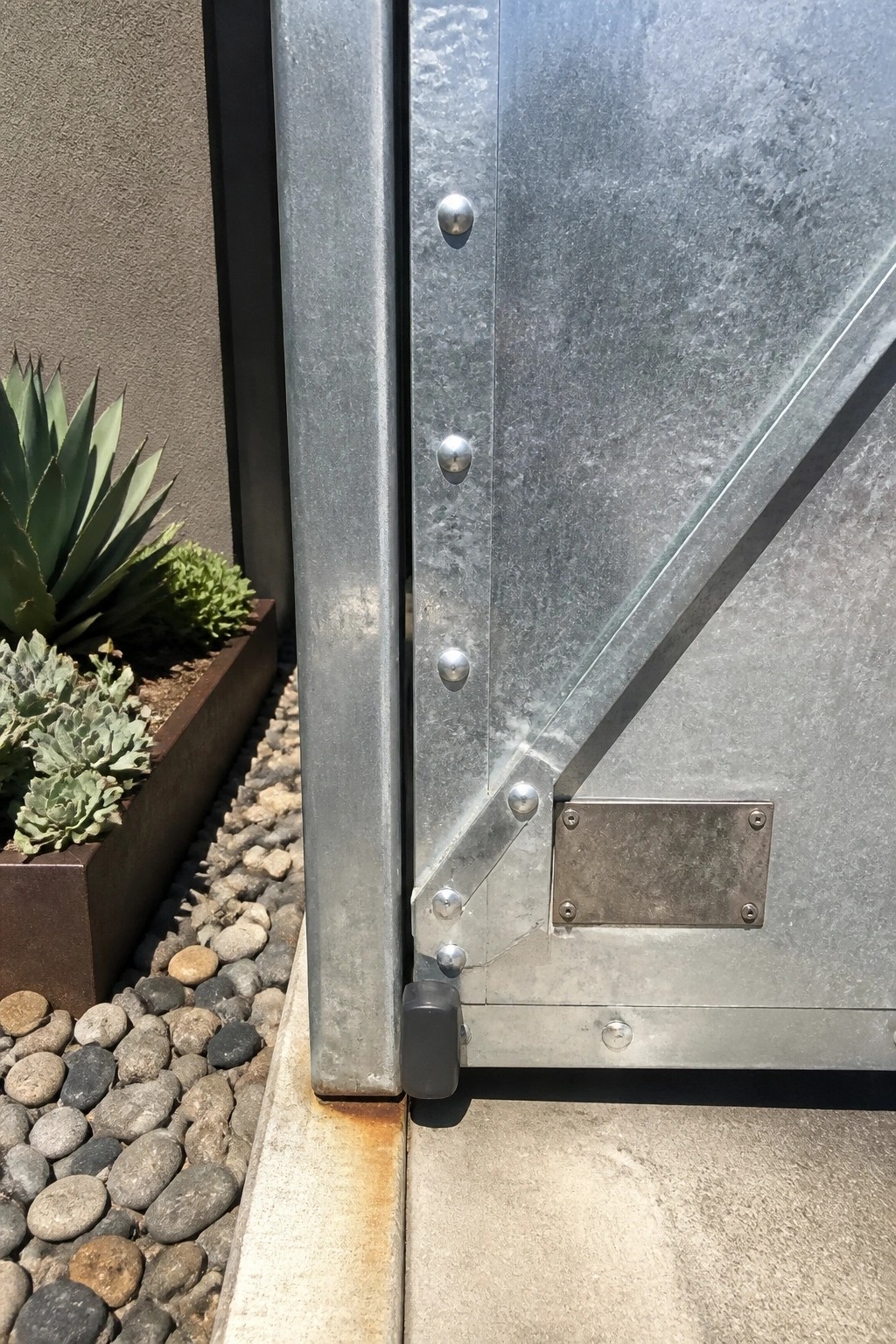 Close-up of a galvanized steel gate showing rivets, a latch, and a metal plate at the base beside gravel and planter boxes.