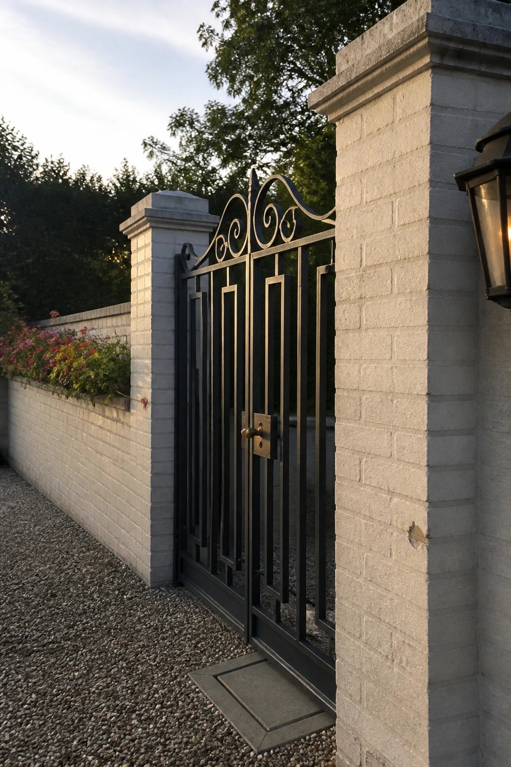 A black ornate steel gate stands open between two light brick pillars along a gravel path.