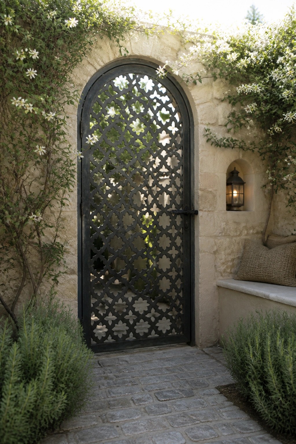 An arched dark metal gate featuring a repeating floral cutout pattern, set into a light stone wall with vines and white flowers growing over it.