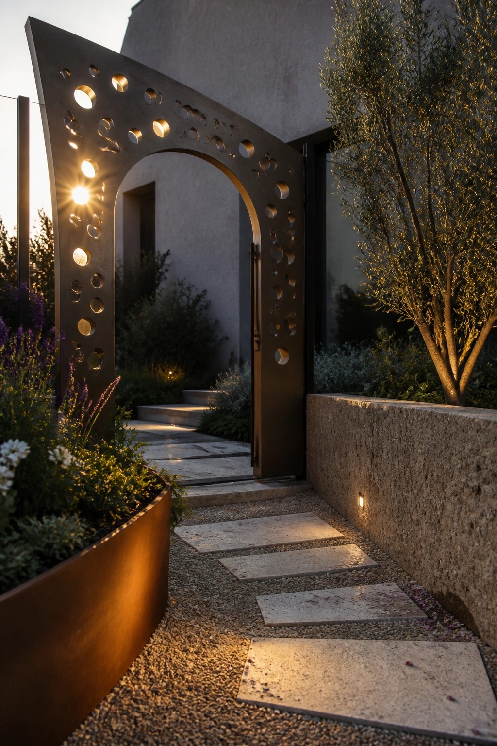A dark steel gate with multiple circular cutouts stands partially open next to a gravel path with stone steps and surrounding plants.