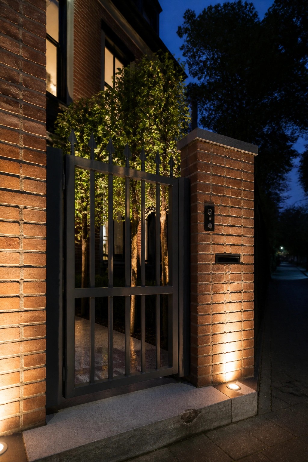 A black steel gate with vertical bars stands open between brick pillars next to a lit brick house at dusk.