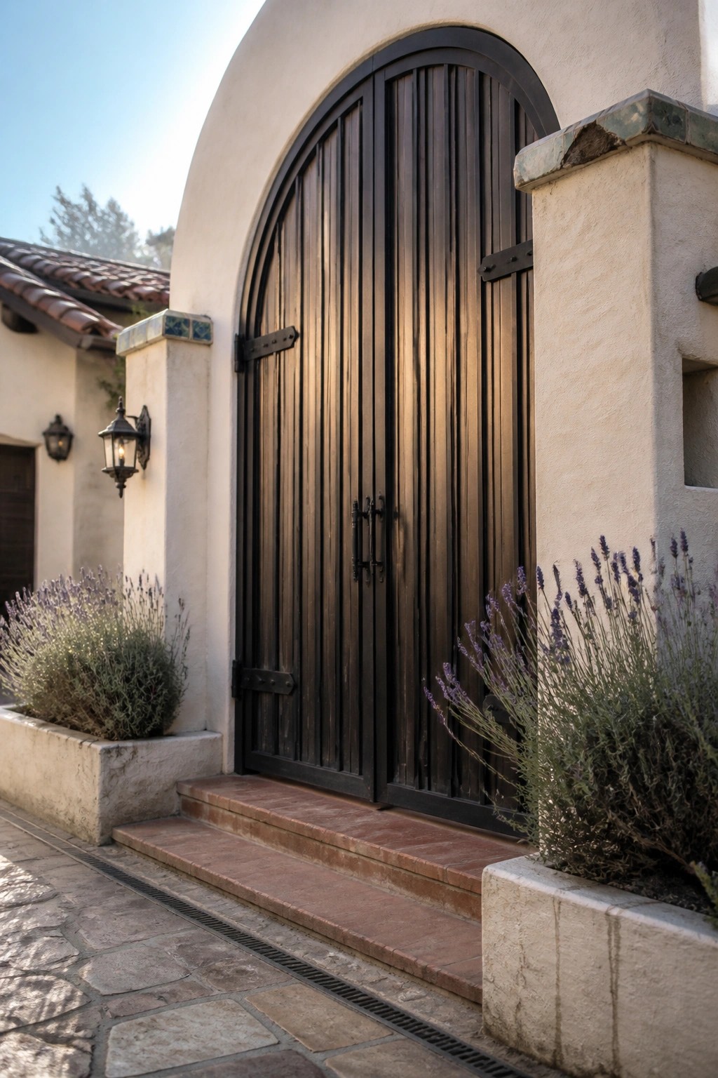 An arched dark steel gate with vertical bars set into a stucco wall, with lavender plants on both sides and brick steps in front.