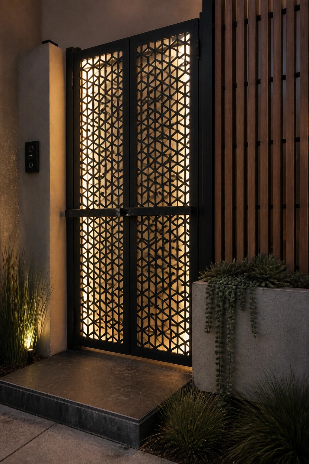 Black double doors with glowing geometric lattice patterns at modern lit entryway