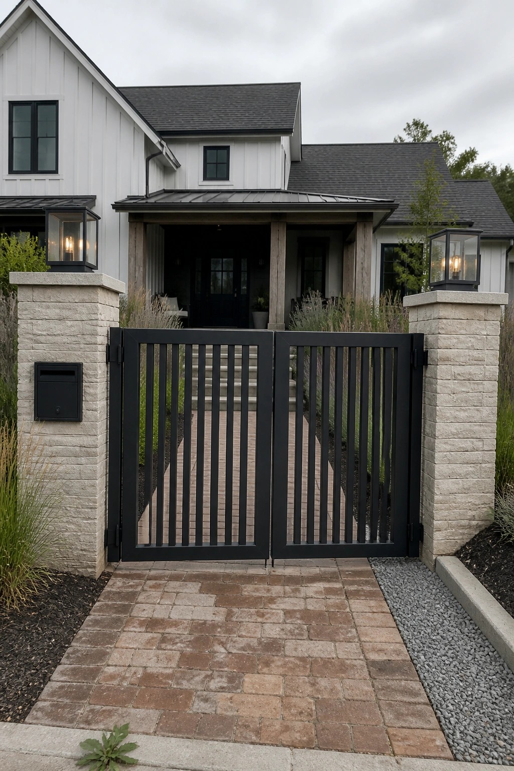A black vertical bar steel gate is installed between two light stone pillars at the front of a white house with a brick paver walkway.