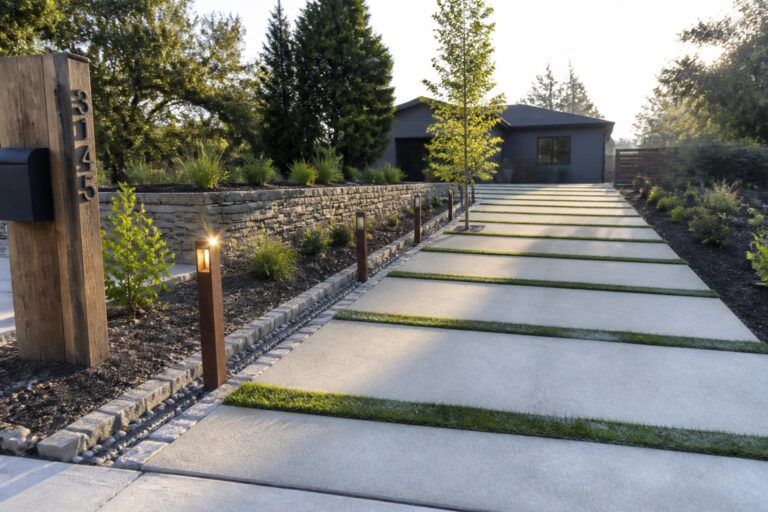 17 Eco Friendly Permeable Driveway Ideas for Smarter Drainage Modern driveway with concrete strips, grass, bollard lights, and house number post.