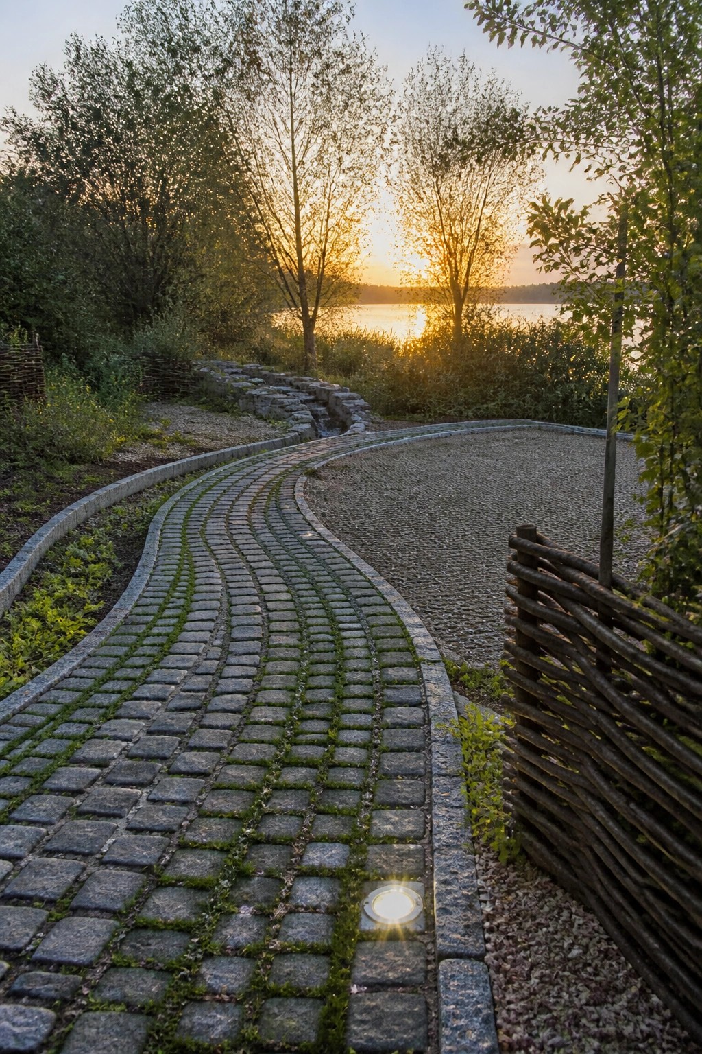 Curved cobblestone path with light curves toward sunset over lake with fence