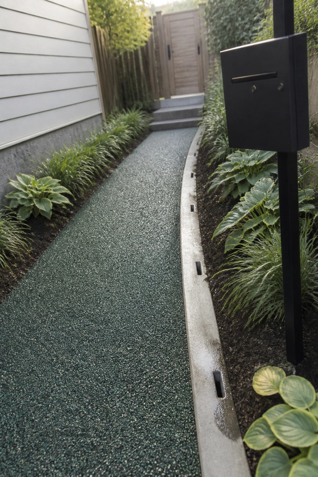 A narrow green permeable path with concrete edging runs between garden beds and past a black mailbox post.