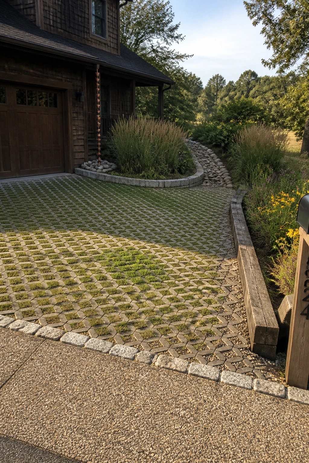 A gravel-edged driveway made of concrete grid pavers filled with grass leads to a wooden garage on a house surrounded by landscaping.