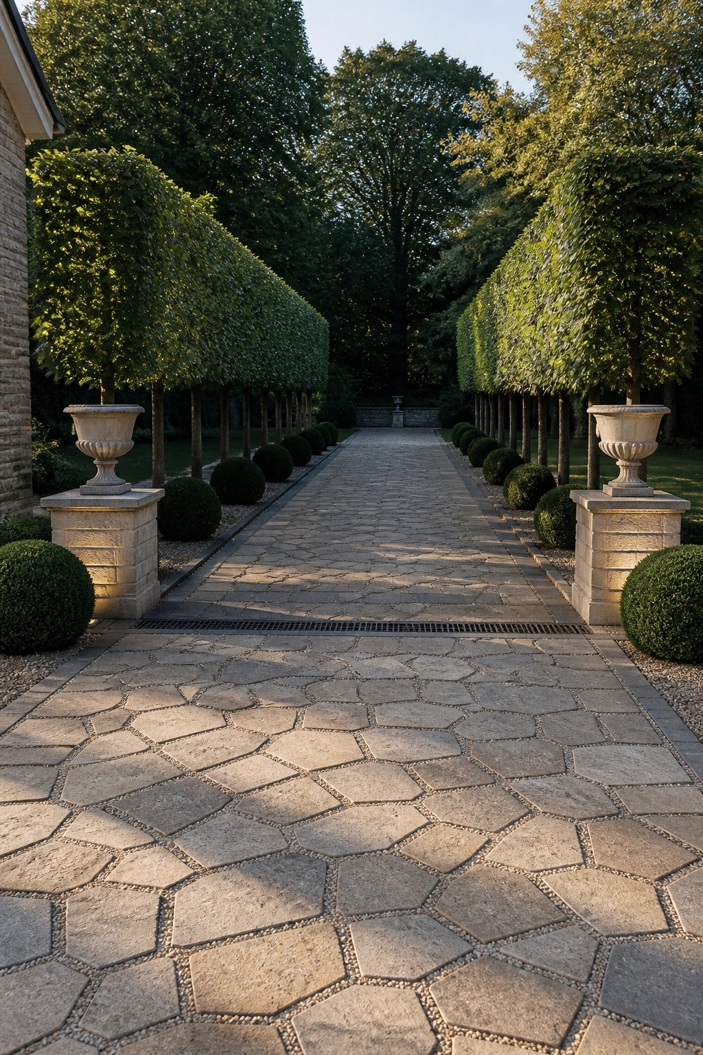 A long driveway paved with irregular stone pavers, lined on both sides by tall hedges and stone urns on pillars.