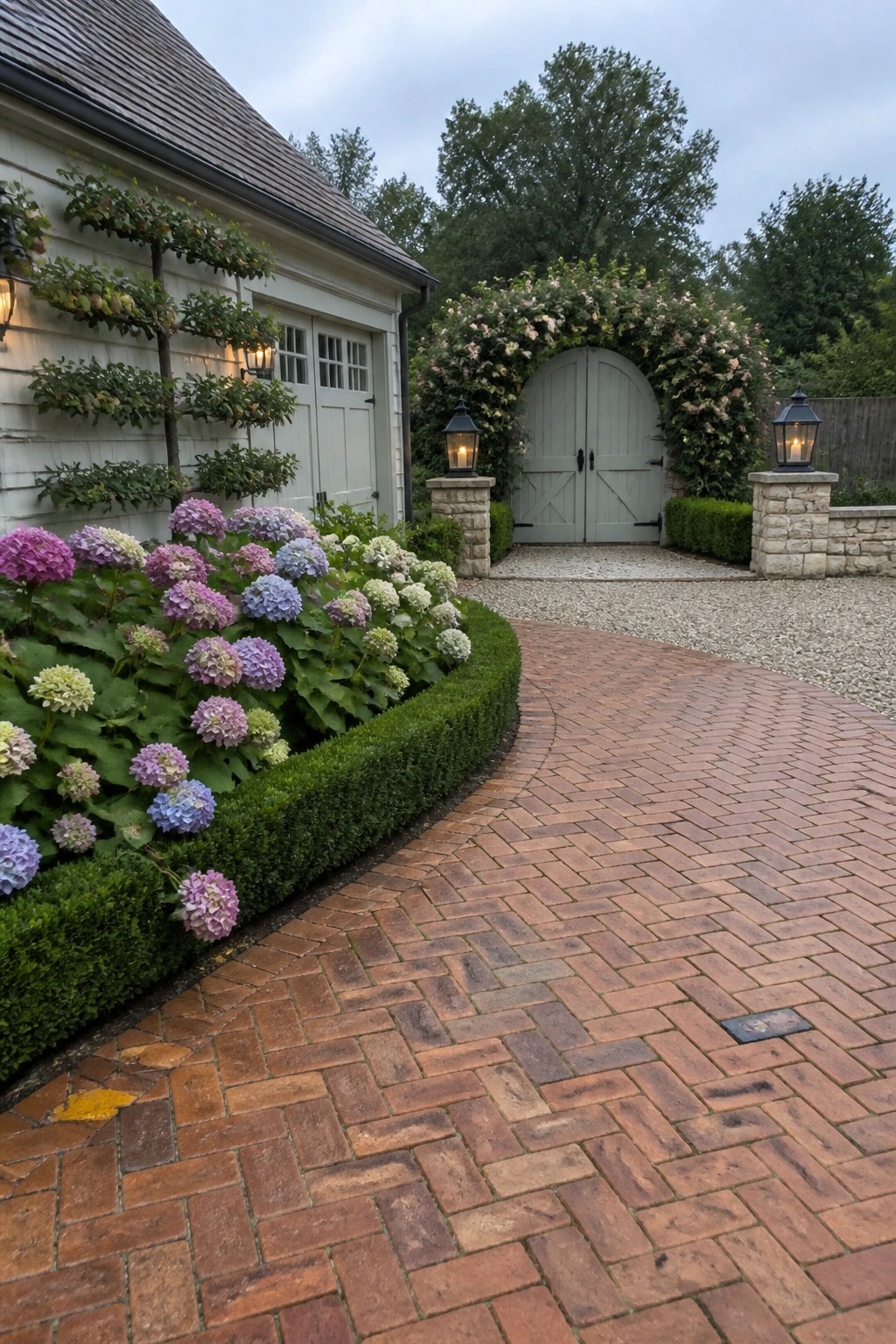 Curved brick driveway curves past colorful hydrangeas toward arched gate with lanterns.