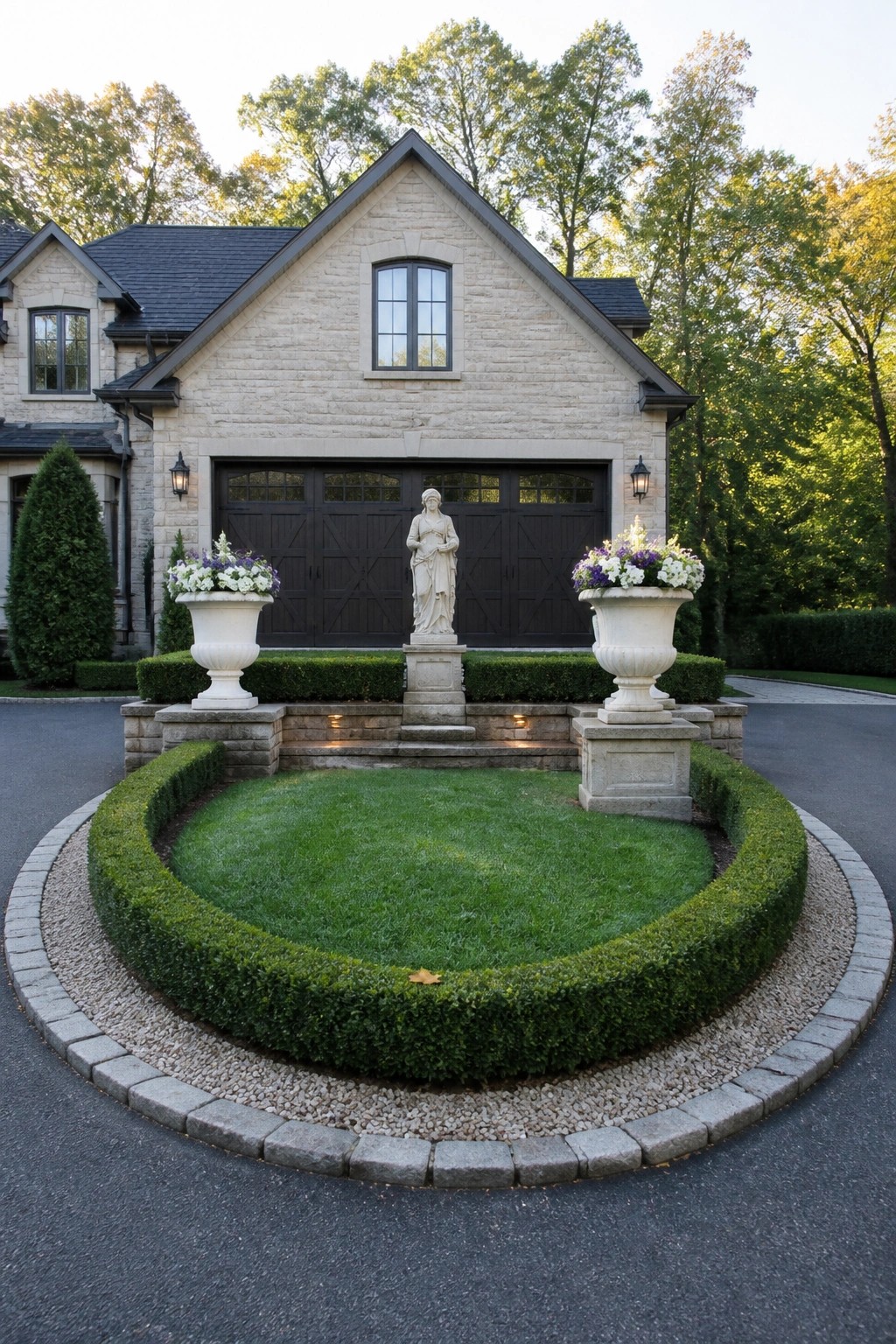 A light stone house with a dark garage door has a circular boxwood hedge around a central grass area, two large urn planters with flowers on stone bases, and a statue in the middle.