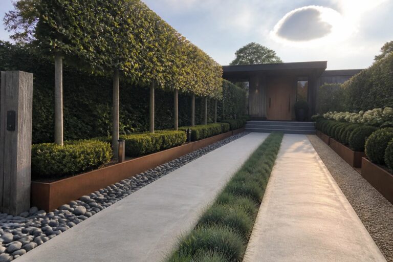 18 Lush Driveway Landscaping Ideas That Feel Designer Worthy Modern concrete walkway through garden with hedges and trees leading to wooden house