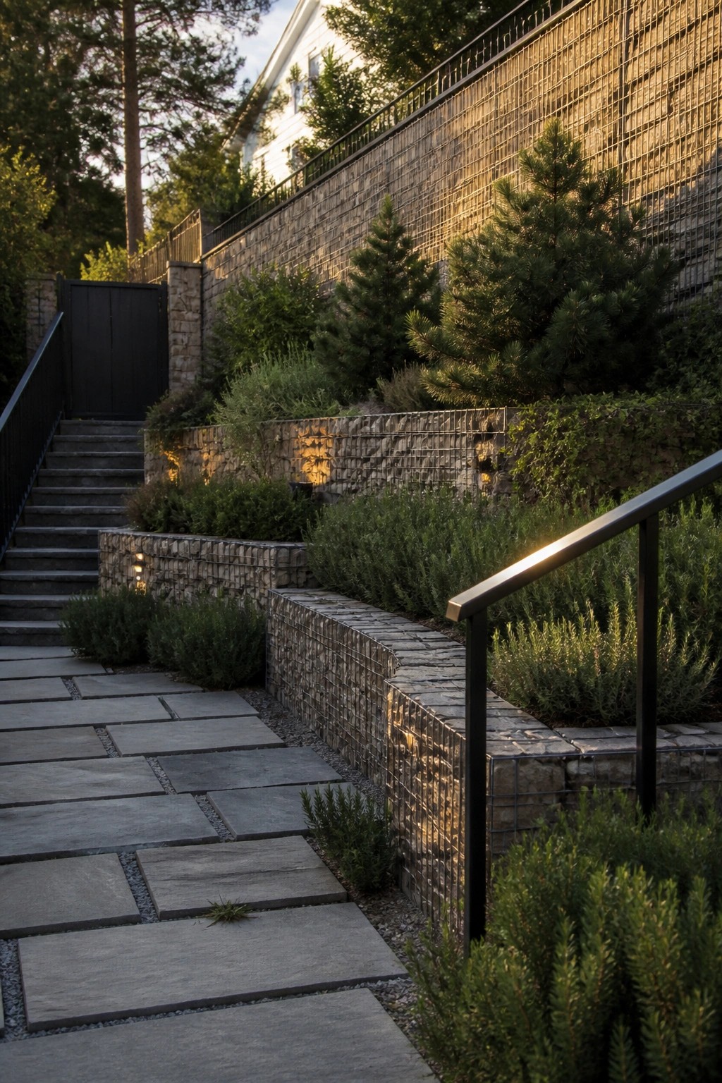 A stone pathway runs alongside gabion retaining walls filled with layered shrubs and small trees on a sloped residential property.