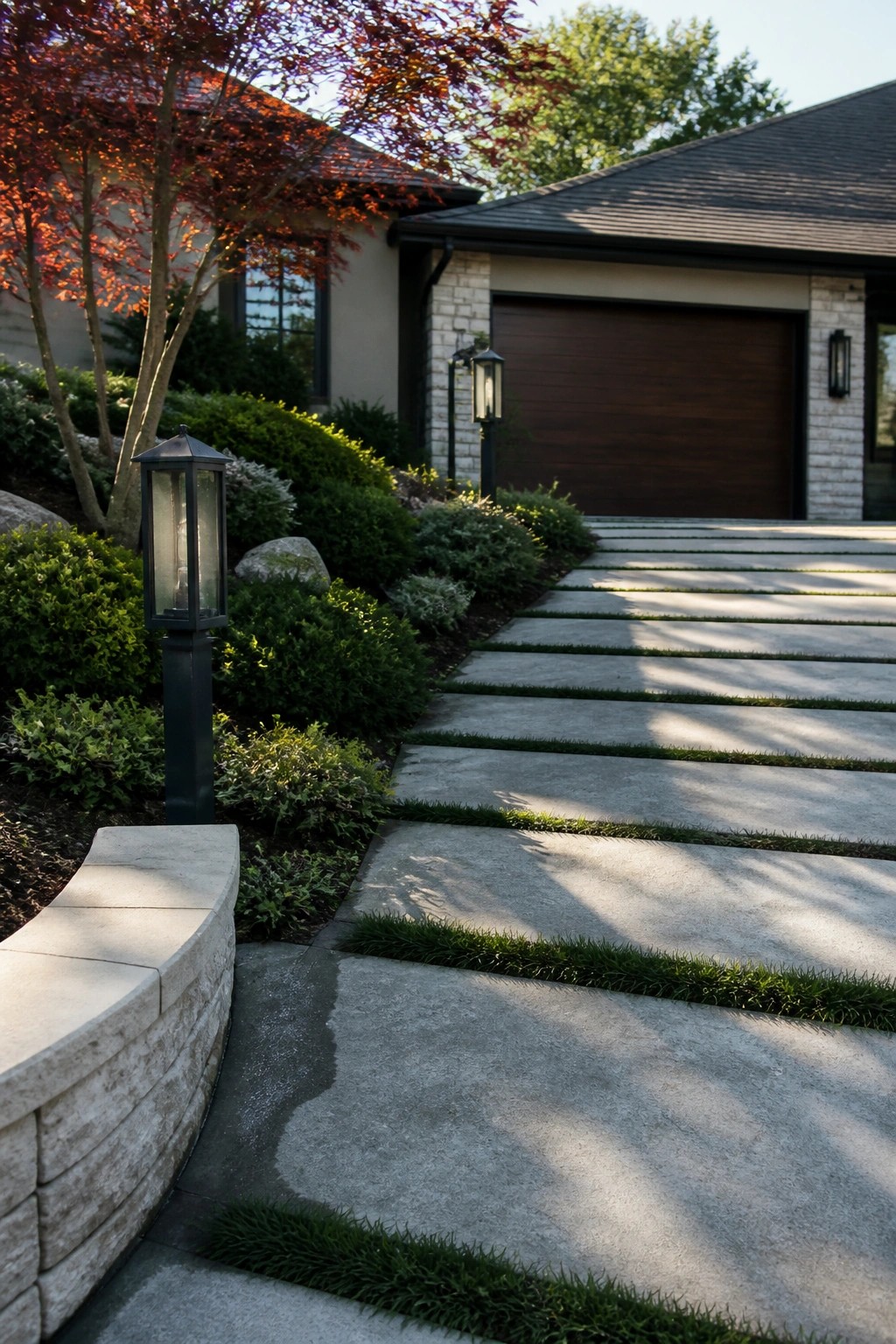 Concrete paver steps with grass joints ascend past lanterns to modern house with red tree.