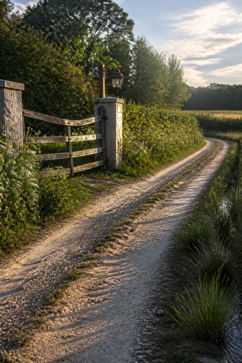 A gravel driveway curves past a wooden gate mounted on stone pillars with a lantern, bordered by dense green shrubs and grass.