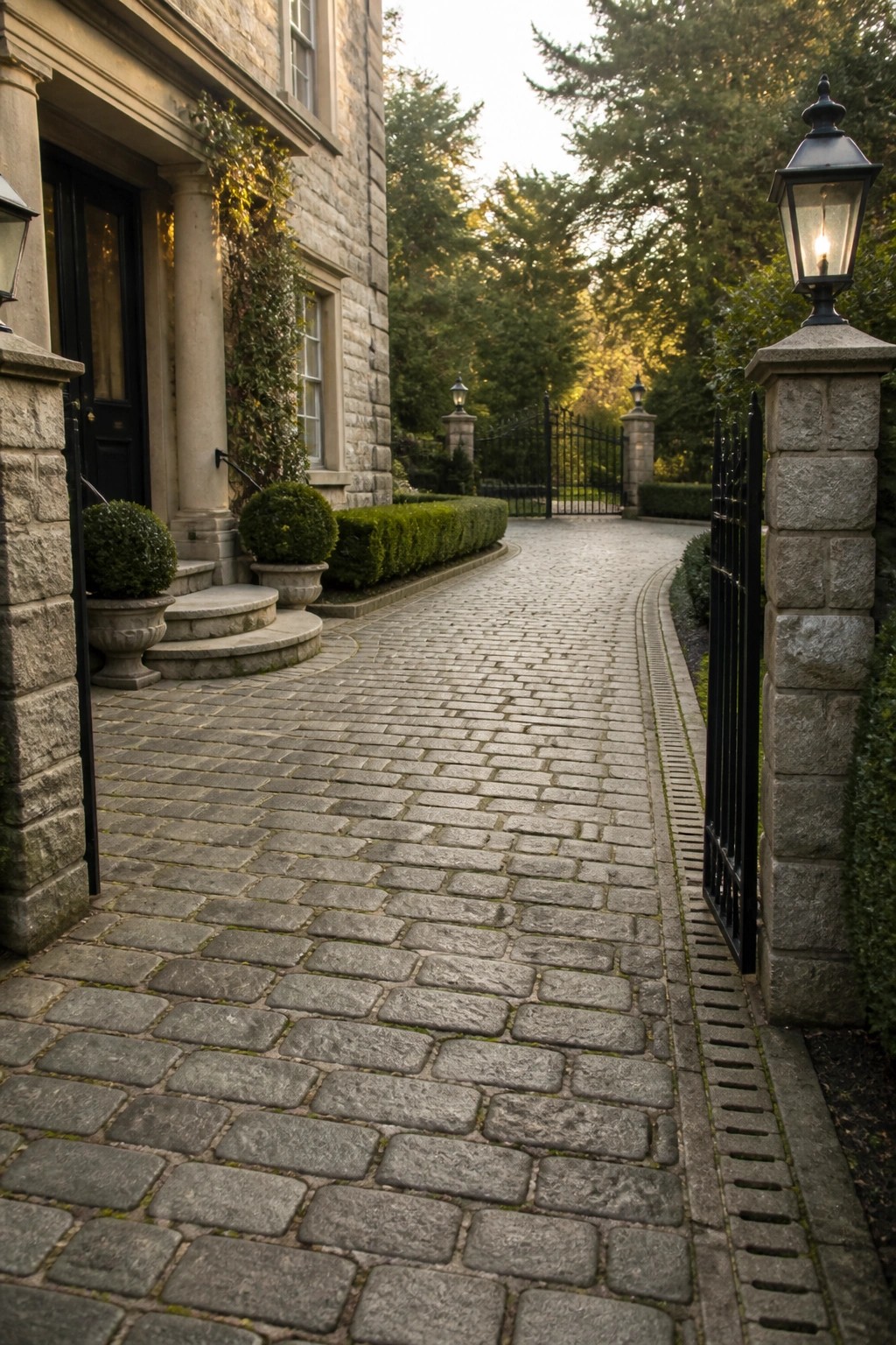 A curved cobblestone driveway leads to a stone house entrance with black iron gates and stone pillars.