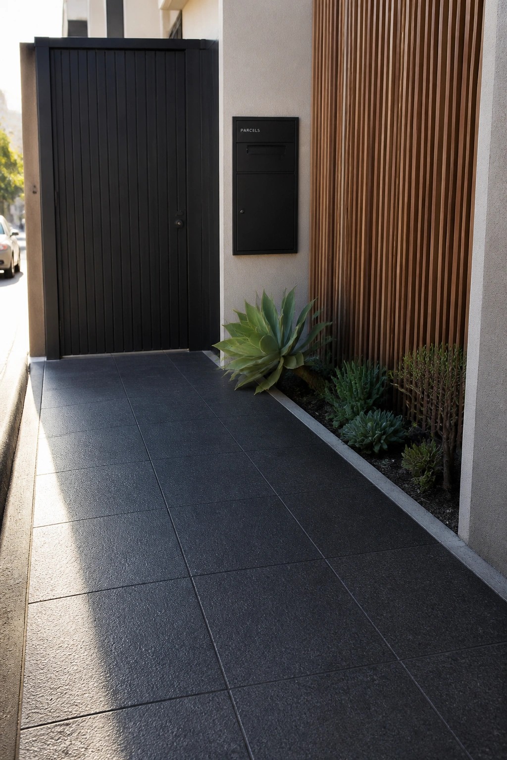 A modern home front with a long dark gray tiled driveway leading to a black vertical slat gate, a black parcel mailbox mounted on a beige wall, and a narrow garden bed with succulents along the right edge.