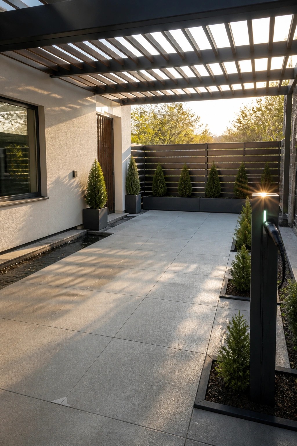 Large gray concrete tiles cover an outdoor patio area under a dark slatted pergola, with potted shrubs along the edges and a black electric vehicle charger on the right.