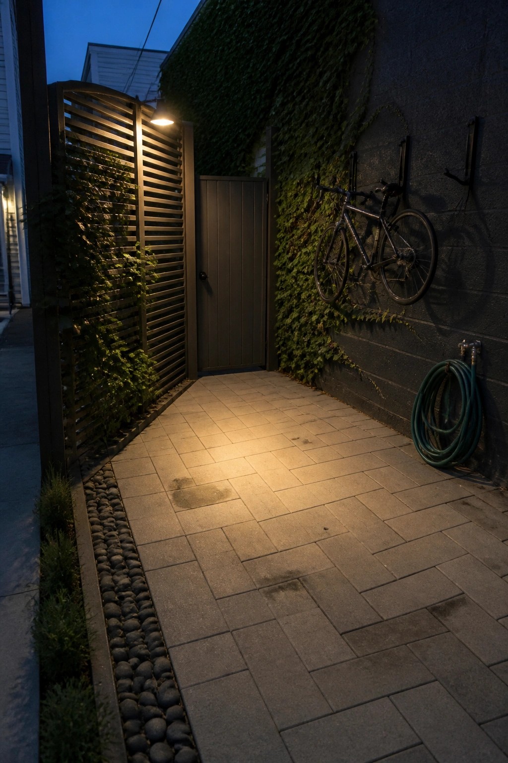 A narrow outdoor walkway paved with gray rectangular tiles bordered by dark pebbles, leading to a dark gate next to an ivy-covered brick wall.