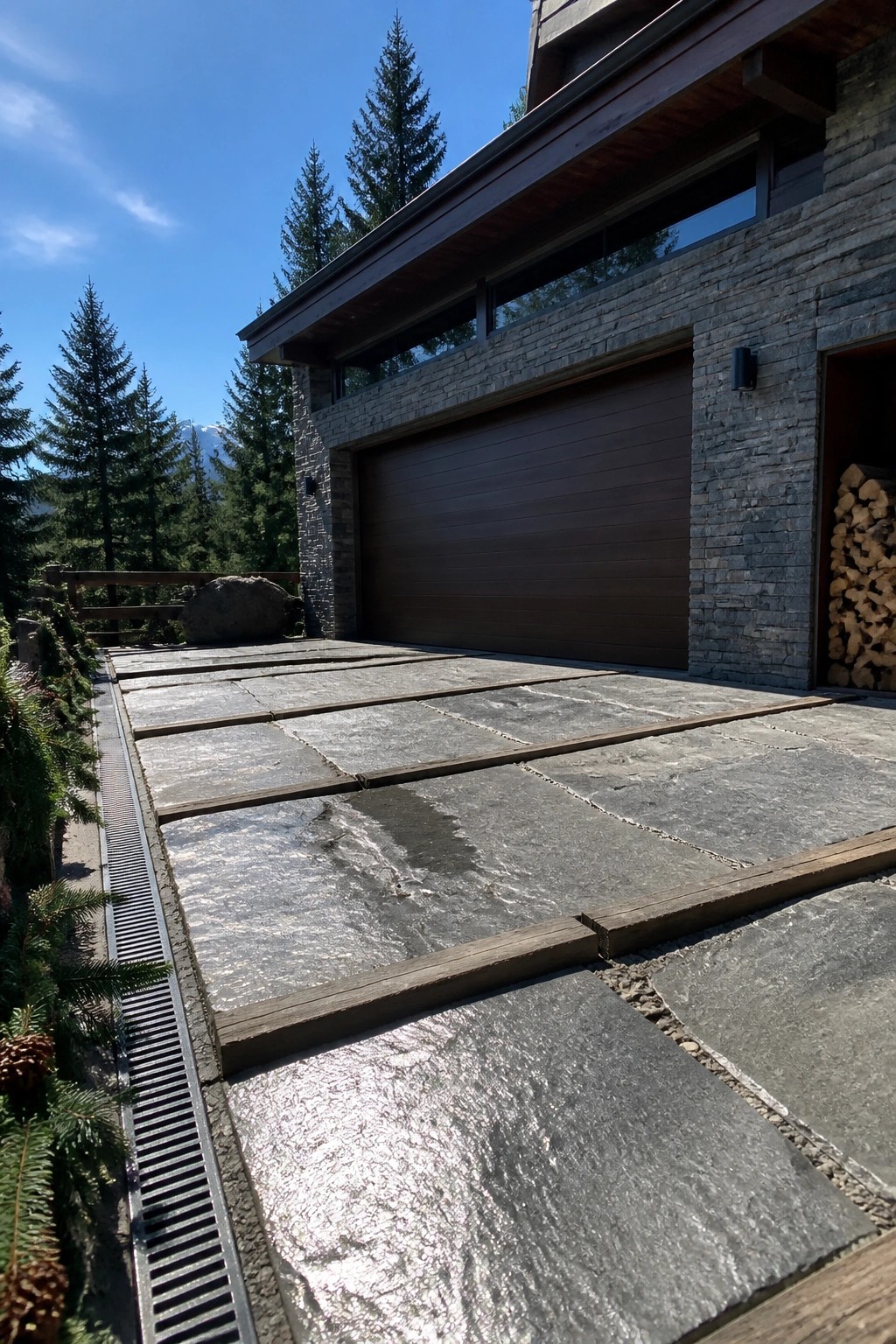 Stone pavers form a sloped driveway leading to a modern house with a brown garage door and stacked firewood visible on the right.