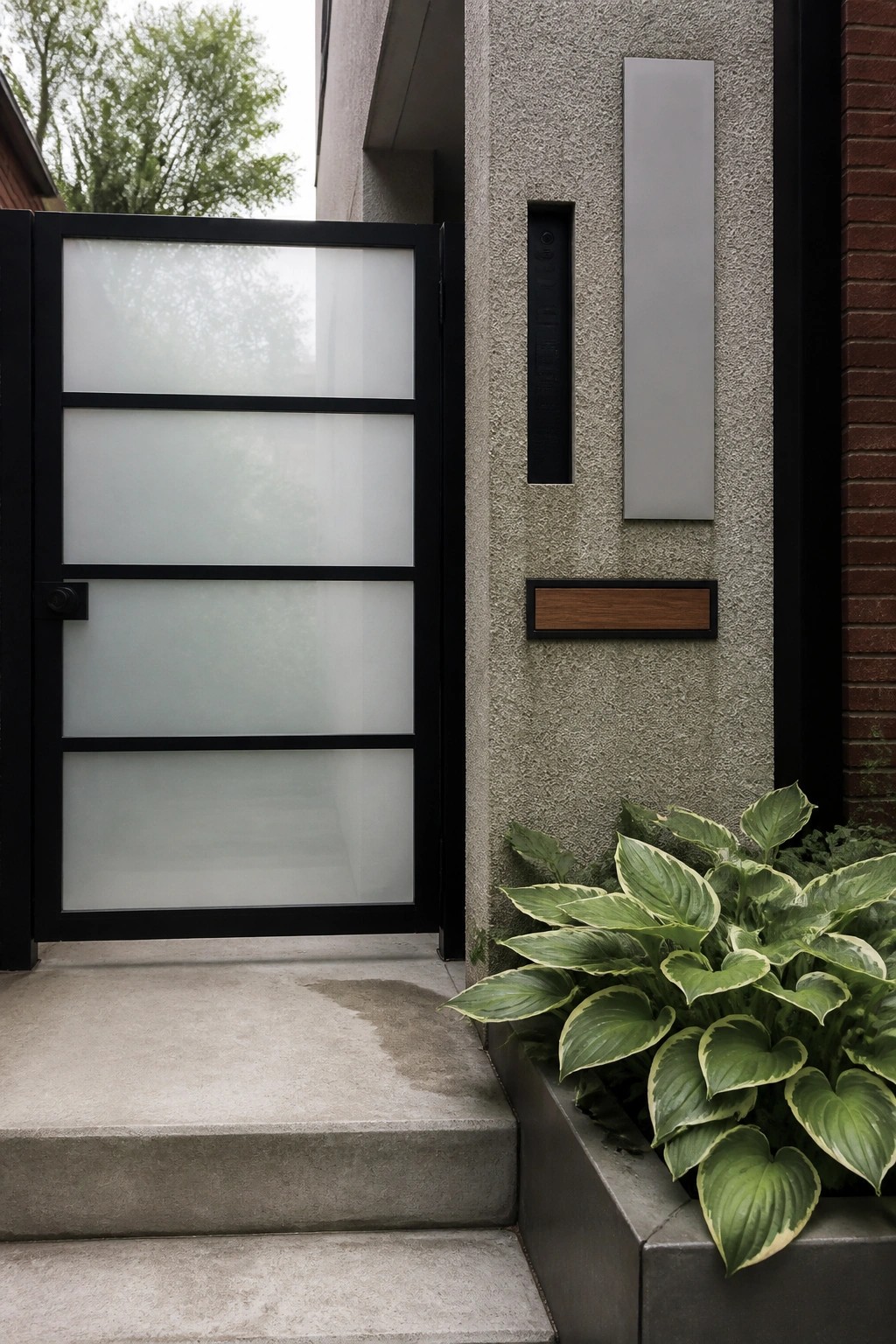 A black-framed gate with four frosted glass panels stands open beside a textured concrete wall with a vertical intercom panel, mail slot, and a planter box of hostas.