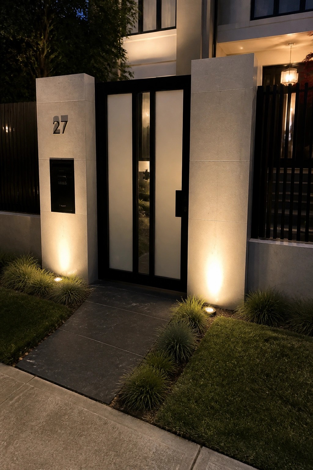 A modern home entrance at night showing a black-framed glass door between two concrete pillars with base lighting, one pillar displaying the number 27 and a mailbox.