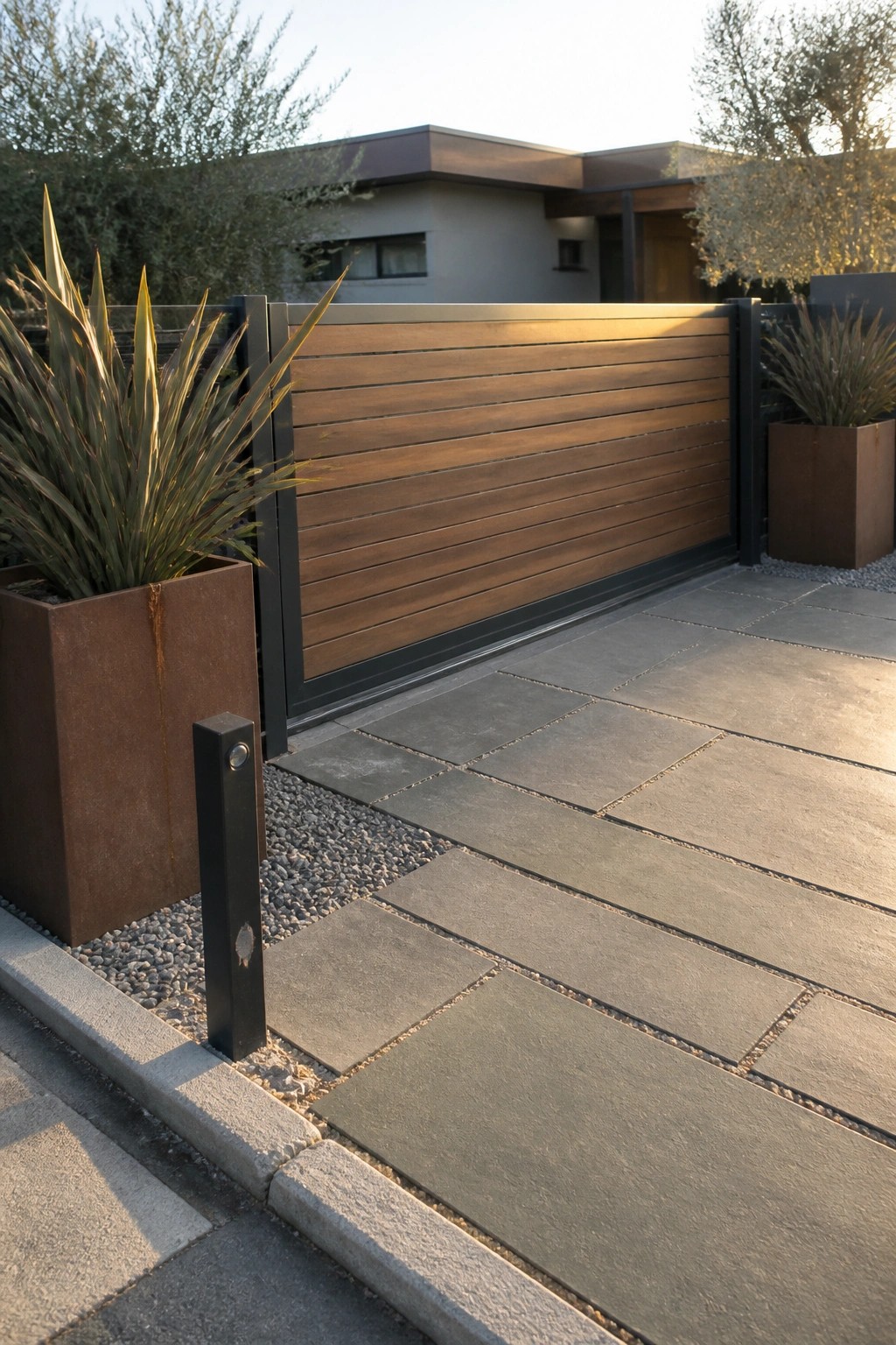 Modern wooden gate with horizontal slats between black metal posts, flanked by rusted metal planters with tall plants, on a paved stone driveway beside a contemporary house.