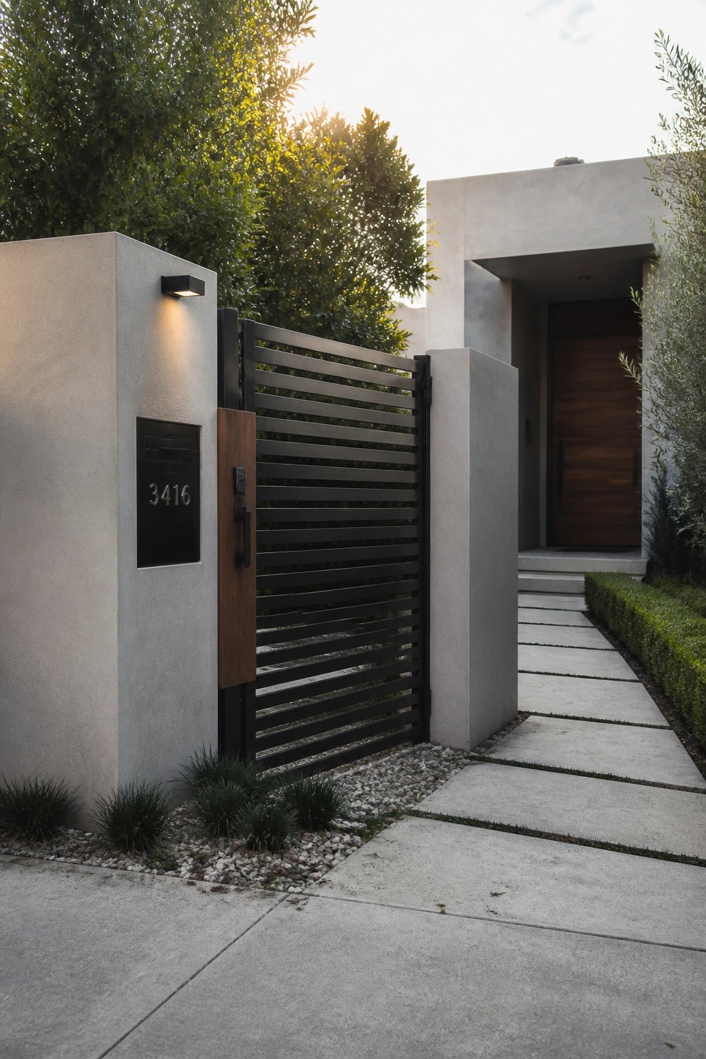 Modern concrete entrance with black slatted gate, 3416 mailbox, and stone path to wooden door