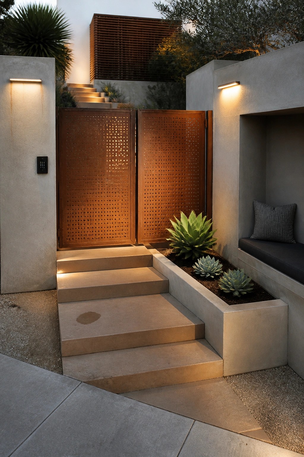 A double metal gate with circular perforations stands at the top of concrete steps, lit by wall sconces on both sides.