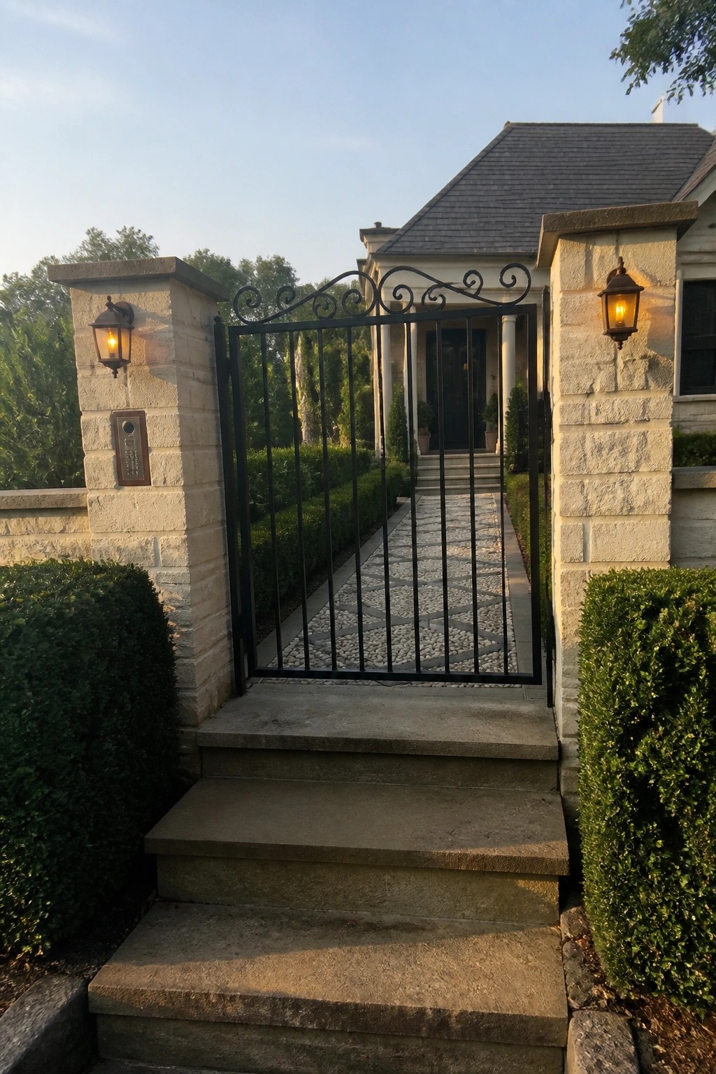A black metal gate stands open between two light stone pillars at the front of a house, with concrete steps leading up to a patterned stone path.