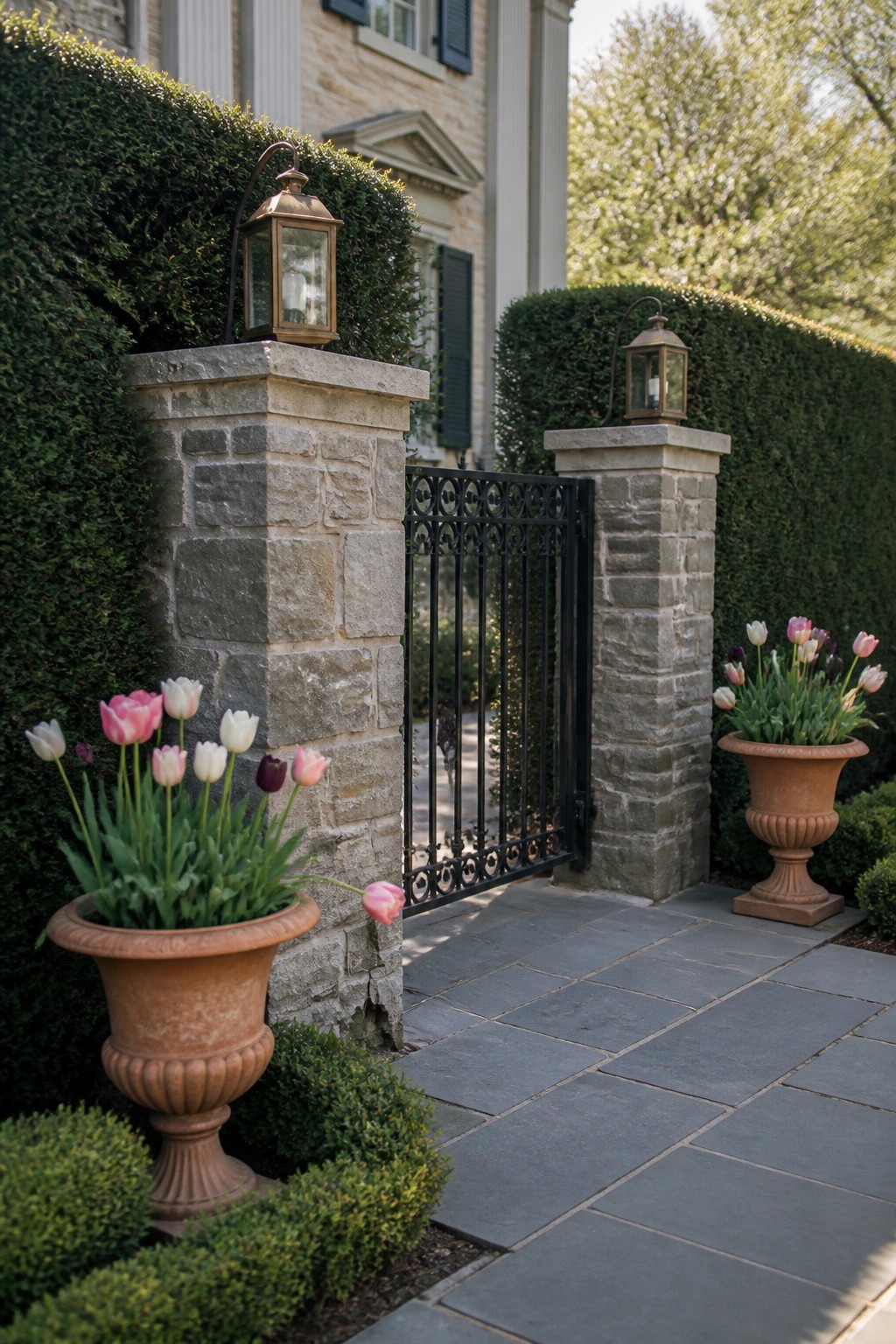 Stone pillars with lanterns flank black gate beside tulip-filled terracotta urns on slate path.