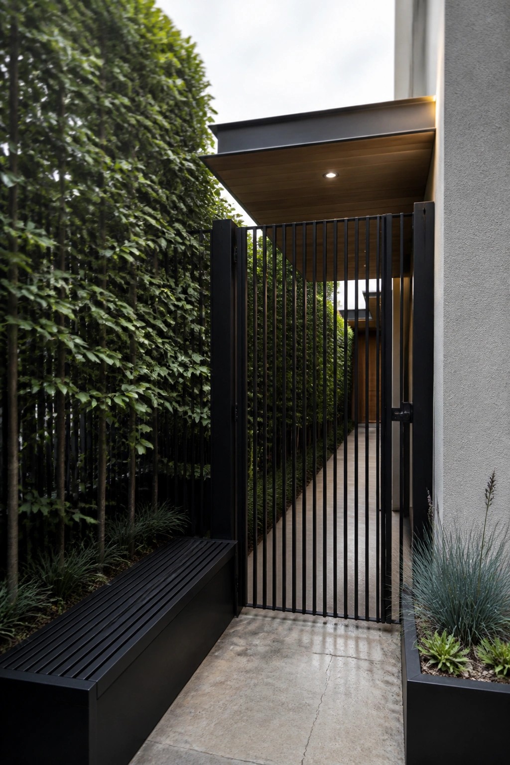 A black vertical bar gate stands open between tall green hedges, with matching black metal planters on both sides of a concrete walkway.