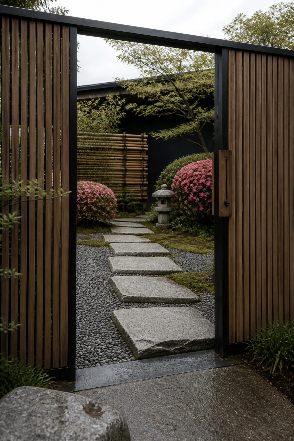 Open wooden gate framing stone path, gravel, pink azaleas, and stone lantern in garden.